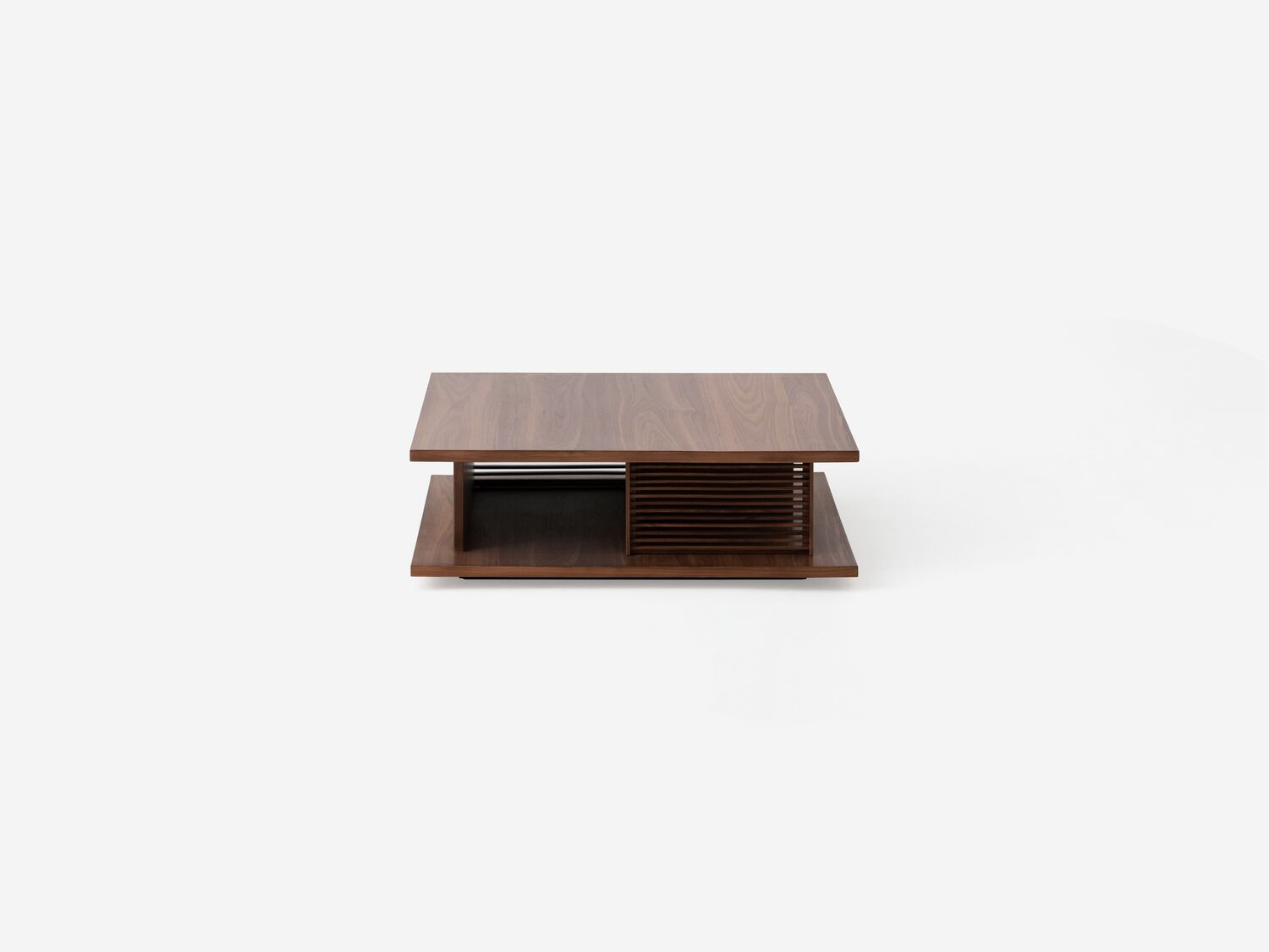 Front right view of the Plank modern square coffee table in walnut with slats
